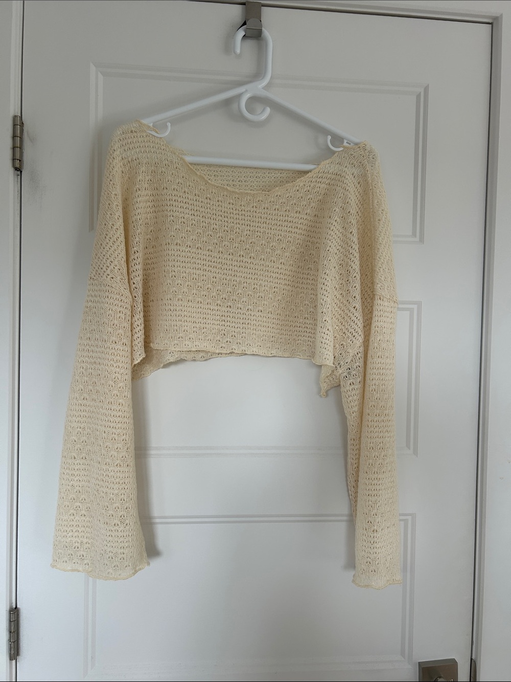 SHEIN Cream Off-Shoulder Crochet Cropped Sweater, 3x but can fit M-L-XL-XXL.